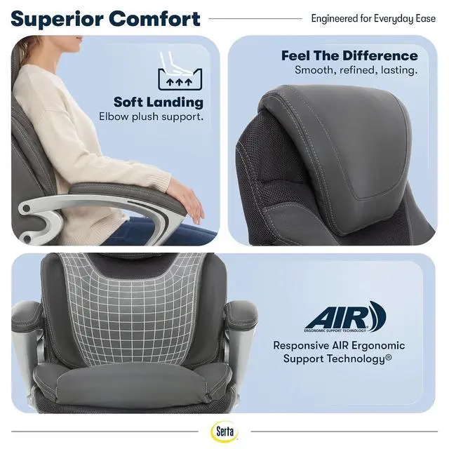 Alt view image 5 of 7 - Bryce Executive Office Chair - Ergonomic Computer Desk Chair with Patented AIR Lumbar Technology - Adjustable Height - Memory Foam Body Pillows - 360° Swivel Rolling Base - Bonded Leather - Gray