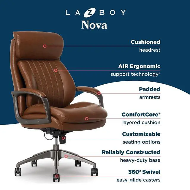 Alt view image 4 of 7 - Nova Executive Office Chair - Ergonomic High Back Desk Chair with AIR Lumbar Support - Comfortable ComputerChair for Home Office - Vegan Leather - Cognac Brown