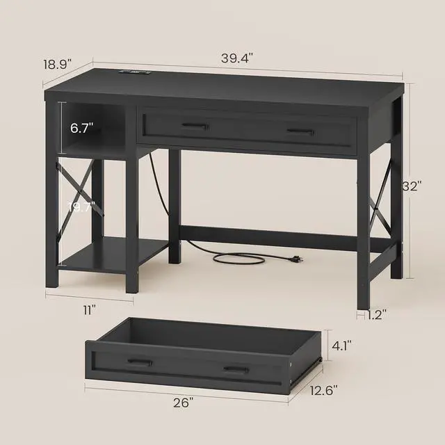 Alt view image 2 of 7 - 40" Small Computer Desk, Farmhouse Small Desk with Drawer & Storage Shelves, Writing Desk with Power Outlet, Study Table for Small Space, Desk for Bedroom, Home Office, Black
