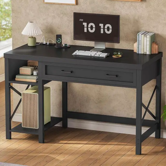Main image of 40" Small Computer Desk, Farmhouse Small Desk with Drawer & Storage Shelves, Writing Desk with Power Outlet, Study Table for Small Space, Desk for Bedroom, Home Office, Black