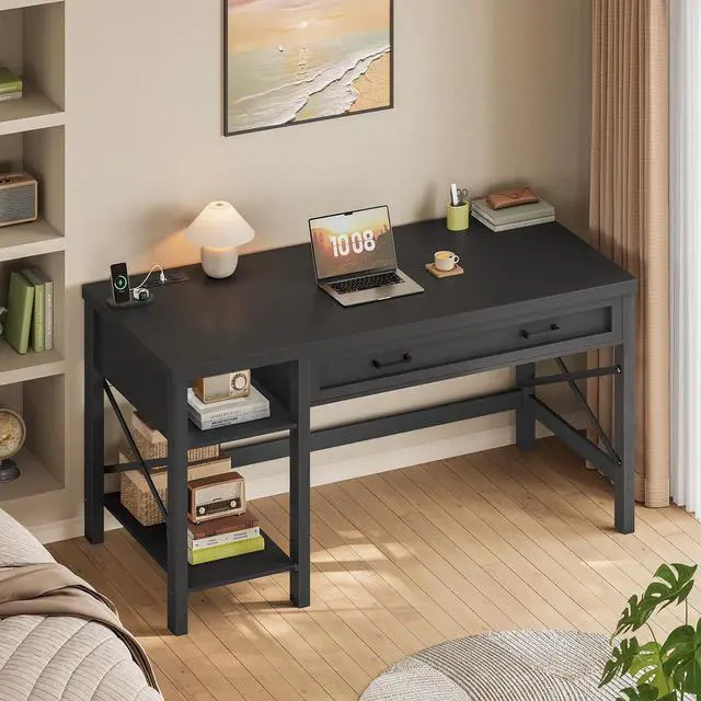 Alt view image 3 of 7 - 40" Small Computer Desk, Farmhouse Small Desk with Drawer & Storage Shelves, Writing Desk with Power Outlet, Study Table for Small Space, Desk for Bedroom, Home Office, Black