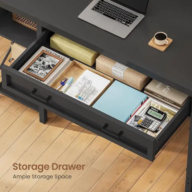 Alt view image 4 of 7 - 40" Small Computer Desk, Farmhouse Small Desk with Drawer & Storage Shelves, Writing Desk with Power Outlet, Study Table for Small Space, Desk for Bedroom, Home Office, Black