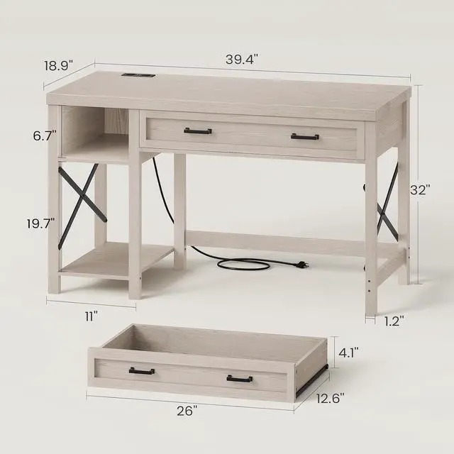 Alt view image 2 of 7 - Farmhouse Small Desk with Drawers, 40" Computer Desk with Storage Shelves, Writing Desk for Small Space and Power Outlet, Desk for Bedroom, Home Office, Mahogany Grey