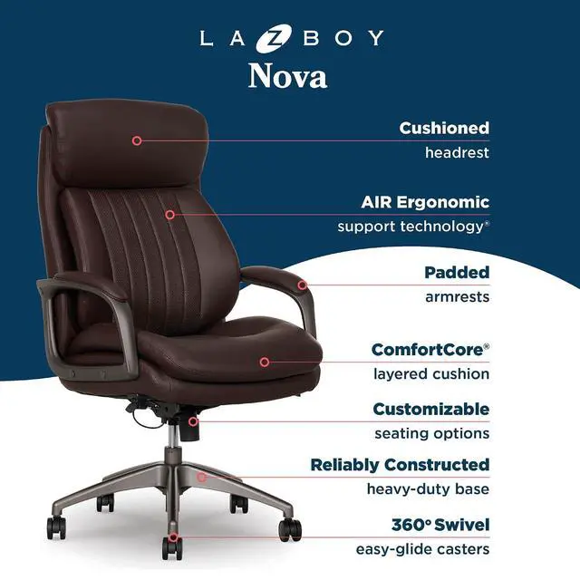 Alt view image 4 of 7 - Nova Executive Office Chair - Ergonomic High Back Desk Chair with AIR Lumbar Support - Comfortable ComputerChair for Home Office - Vegan Leather - Brown