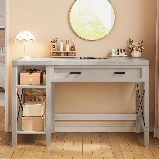 Alt view image 3 of 7 - Farmhouse Small Desk with Drawers, 40" Computer Desk with Storage Shelves, Writing Desk for Small Space and Power Outlet, Desk for Bedroom, Home Office, Mahogany Grey