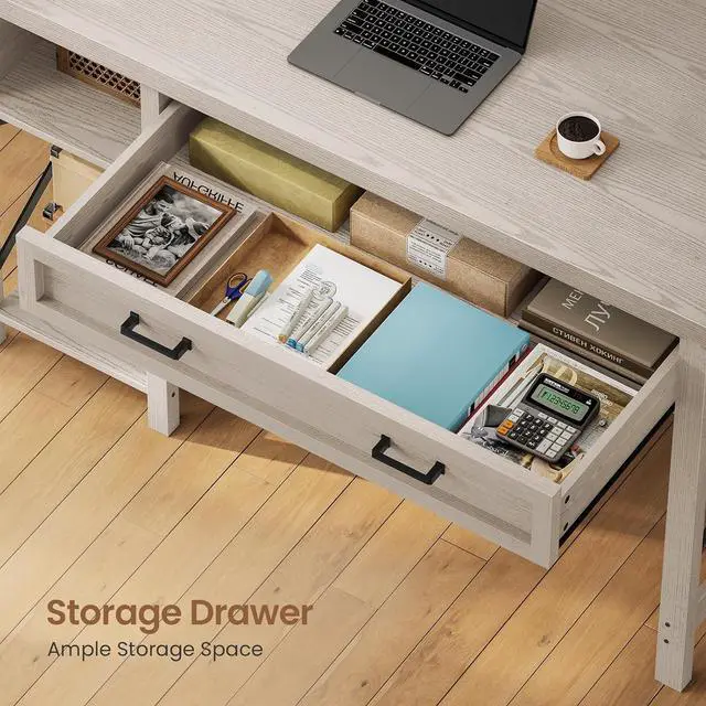 Alt view image 4 of 7 - Farmhouse Small Desk with Drawers, 40" Computer Desk with Storage Shelves, Writing Desk for Small Space and Power Outlet, Desk for Bedroom, Home Office, Mahogany Grey