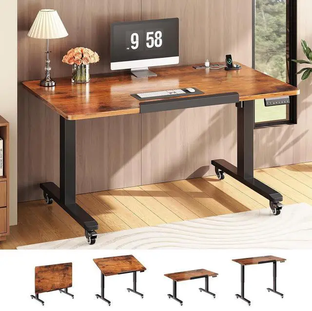 Main image of 47 x 24 Inches Electric Standing Desk, 180° Tiltable Mobile Rising Computer Desk Height Adjustable with Wheels for Drawing/Writing/Gaming/Study/Home Office/Small Space, Rustic Brown