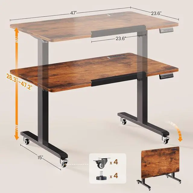 Alt view image 3 of 7 - 47 x 24 Inches Electric Standing Desk, 180° Tiltable Mobile Rising Computer Desk Height Adjustable with Wheels for Drawing/Writing/Gaming/Study/Home Office/Small Space, Rustic Brown