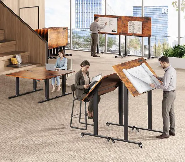 Alt view image 2 of 7 - 47 x 24 Inches Electric Standing Desk, 180° Tiltable Mobile Rising Computer Desk Height Adjustable with Wheels for Drawing/Writing/Gaming/Study/Home Office/Small Space, Rustic Brown