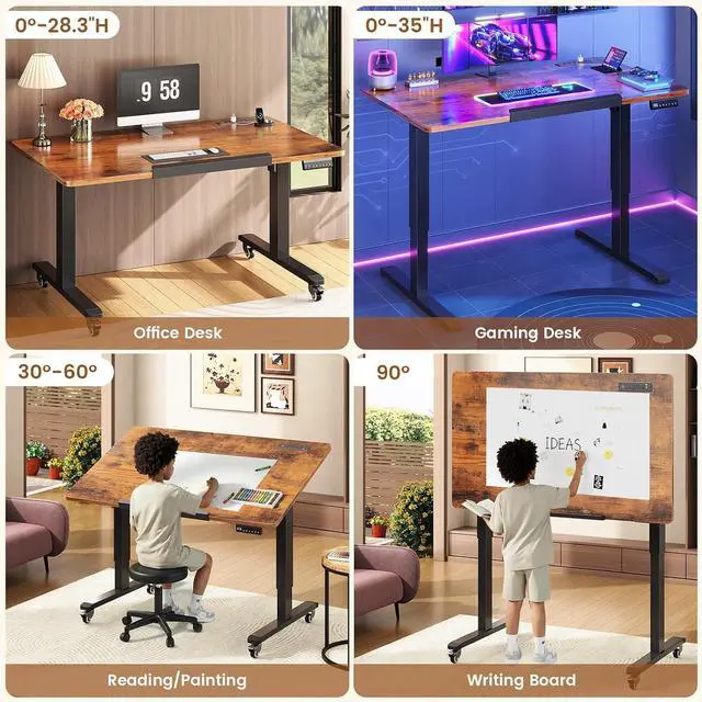 Alt view image 4 of 7 - 47 x 24 Inches Electric Standing Desk, 180° Tiltable Mobile Rising Computer Desk Height Adjustable with Wheels for Drawing/Writing/Gaming/Study/Home Office/Small Space, Rustic Brown