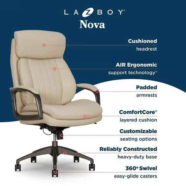 Alt view image 4 of 7 - Nova Executive Office Chair - Ergonomic High Back Desk Chair with AIR Lumbar Support - Comfortable Computer Chair for Home Office - Vegan Leather - Cream
