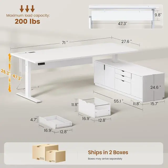 Alt view image 2 of 7 - Executive L Shaped Electric Standing Desk, 71" Height Adjustable Executive Desk with 3 Drawers and Cabinet, Sit Stand Up Home Office Desk with Power Outlets & Side Hook (White)