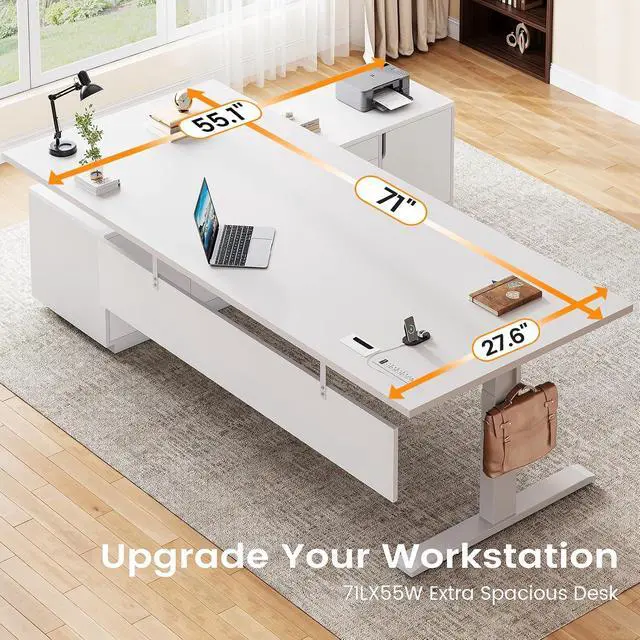 Alt view image 5 of 7 - Executive L Shaped Electric Standing Desk, 71" Height Adjustable Executive Desk with 3 Drawers and Cabinet, Sit Stand Up Home Office Desk with Power Outlets & Side Hook (White)