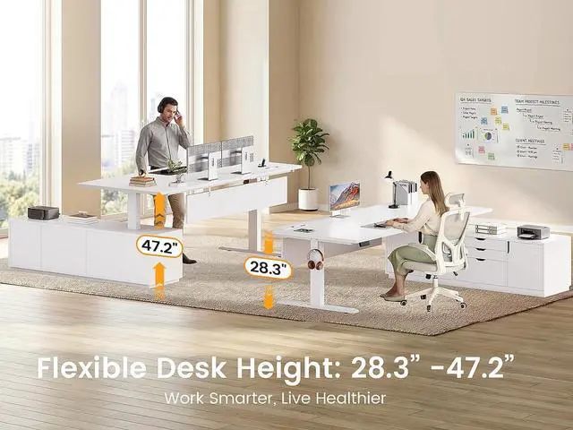 Alt view image 3 of 7 - Executive L Shaped Electric Standing Desk, 71" Height Adjustable Executive Desk with 3 Drawers and Cabinet, Sit Stand Up Home Office Desk with Power Outlets & Side Hook (White)