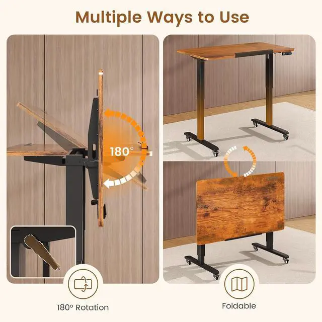 Alt view image 7 of 7 - 47 x 24 Inches Electric Standing Desk, 180° Tiltable Mobile Rising Computer Desk Height Adjustable with Wheels for Drawing/Writing/Gaming/Study/Home Office/Small Space, Rustic Brown