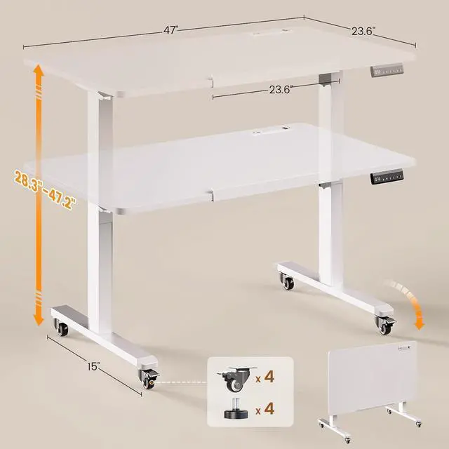 Alt view image 2 of 7 - 47 x 24 Inches Electric Standing Desk, 180° Tiltable Mobile Rising Computer Desk Height Adjustable with Wheels for Drawing/Writing/Gaming/Study/Home Office/Small Space, White