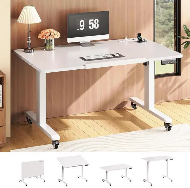 Main image of 47 x 24 Inches Electric Standing Desk, 180° Tiltable Mobile Rising Computer Desk Height Adjustable with Wheels for Drawing/Writing/Gaming/Study/Home Office/Small Space, White