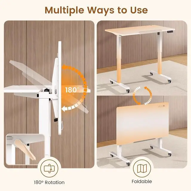 Alt view image 4 of 7 - 47 x 24 Inches Electric Standing Desk, 180° Tiltable Mobile Rising Computer Desk Height Adjustable with Wheels for Drawing/Writing/Gaming/Study/Home Office/Small Space, White