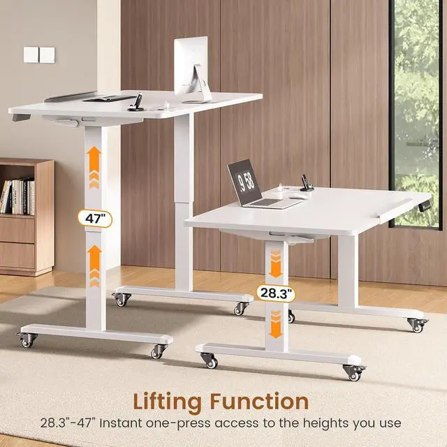 Alt view image 3 of 7 - 47 x 24 Inches Electric Standing Desk, 180° Tiltable Mobile Rising Computer Desk Height Adjustable with Wheels for Drawing/Writing/Gaming/Study/Home Office/Small Space, White
