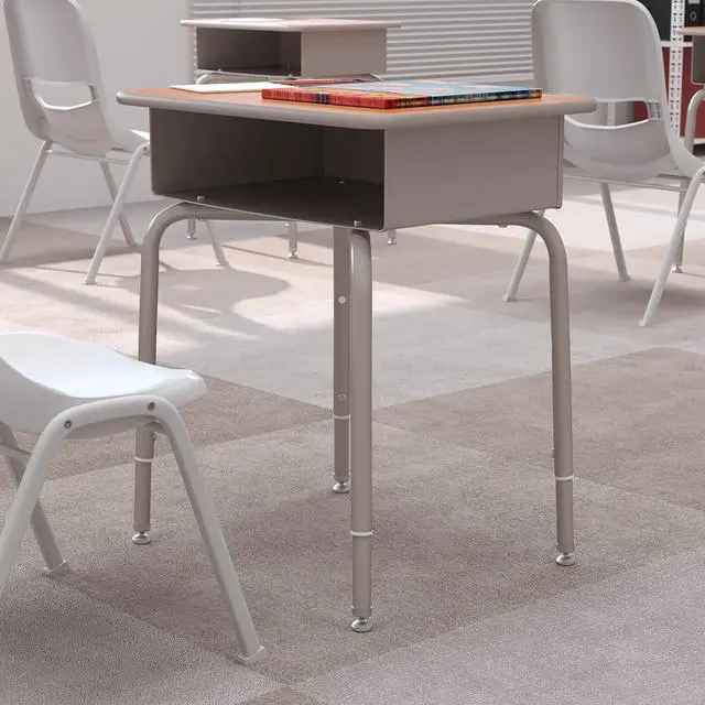 Main image of Billie Student Desk - Walnut Open Front School Desk - Silver Metal Frame - 24"W x 18"D Adjustable Height, Durable for School or Remote Learning