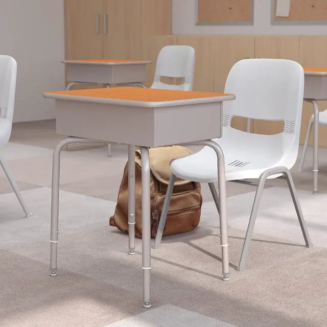 Alt view image 7 of 7 - Billie Student Desk - Walnut Open Front School Desk - Silver Metal Frame - 24"W x 18"D Adjustable Height, Durable for School or Remote Learning