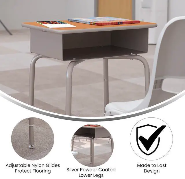 Alt view image 4 of 7 - Billie Student Desk - Walnut Open Front School Desk - Silver Metal Frame - 24"W x 18"D Adjustable Height, Durable for School or Remote Learning