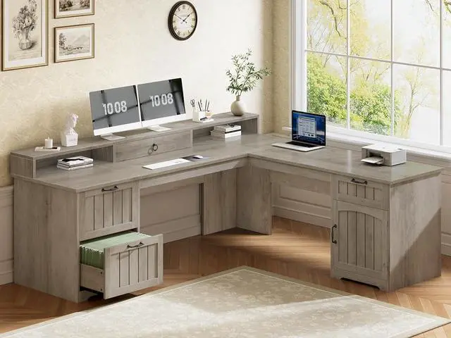 Main image of 63" L Shaped Desk with Drawers, Farmhouse Corner Computer Desk, Wood Office Desk with File Drawers with Storage, Executive Desk with Monitor Stand and Storage Cabinet, Grey