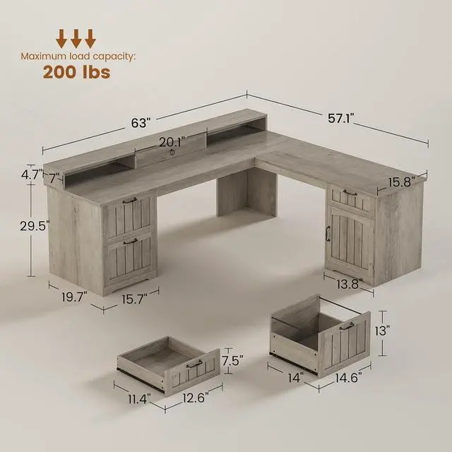 Alt view image 2 of 7 - 63" L Shaped Desk with Drawers, Farmhouse Corner Computer Desk, Wood Office Desk with File Drawers with Storage, Executive Desk with Monitor Stand and Storage Cabinet, Grey