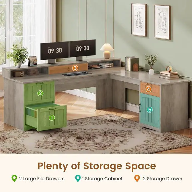 Alt view image 4 of 7 - 63" L Shaped Desk with Drawers, Farmhouse Corner Computer Desk, Wood Office Desk with File Drawers with Storage, Executive Desk with Monitor Stand and Storage Cabinet, Grey