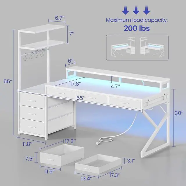 Alt view image 2 of 7 - 55" Gaming Desk with 6 Drawers, Corner Gaming Desk with Storage & LED Lights, Reversible PC Desk with Power Outlet, Corner Computer Desk with Hutch, Monitor Stand, Side Hook, Carbon Fiber White