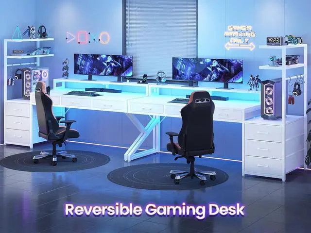 Alt view image 3 of 7 - 55" Gaming Desk with 6 Drawers, Corner Gaming Desk with Storage & LED Lights, Reversible PC Desk with Power Outlet, Corner Computer Desk with Hutch, Monitor Stand, Side Hook, Carbon Fiber White
