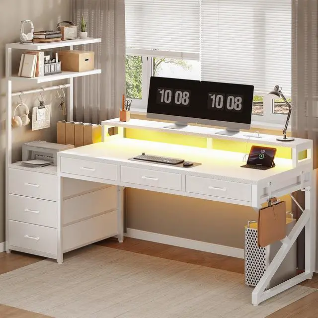 Alt view image 4 of 7 - 55" Gaming Desk with 6 Drawers, Corner Gaming Desk with Storage & LED Lights, Reversible PC Desk with Power Outlet, Corner Computer Desk with Hutch, Monitor Stand, Side Hook, Carbon Fiber White