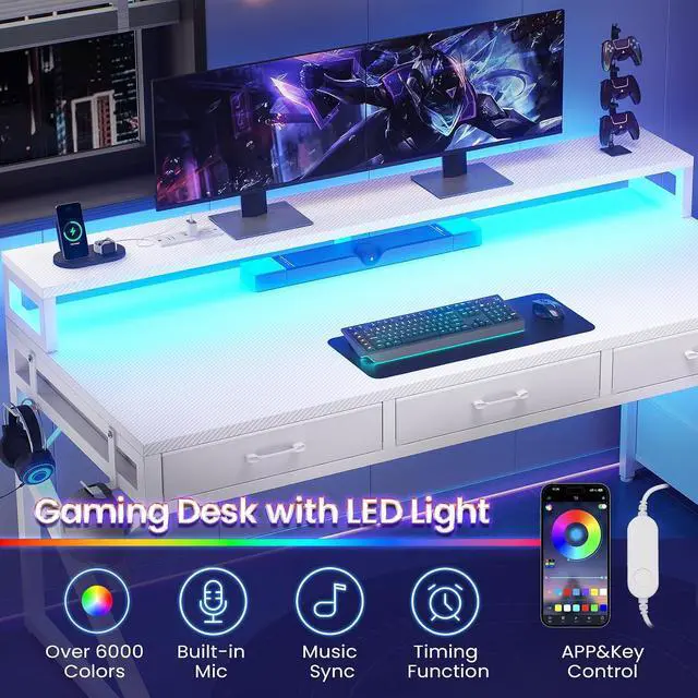 Alt view image 5 of 7 - 55" Gaming Desk with 6 Drawers, Corner Gaming Desk with Storage & LED Lights, Reversible PC Desk with Power Outlet, Corner Computer Desk with Hutch, Monitor Stand, Side Hook, Carbon Fiber White
