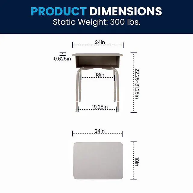 Alt view image 3 of 7 - Billie Student Desk - Gray Granite Open Front School Desk - Silver Metal Frame - 24"W x 18"D Adjustable Height, Durable for School or Remote Learning