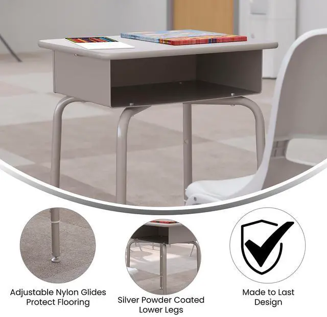 Alt view image 4 of 7 - Billie Student Desk - Gray Granite Open Front School Desk - Silver Metal Frame - 24"W x 18"D Adjustable Height, Durable for School or Remote Learning