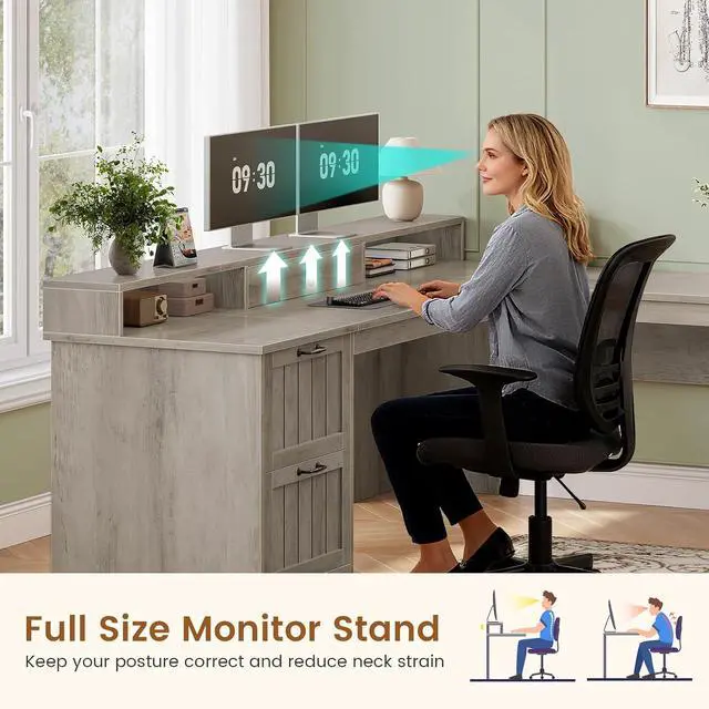 Alt view image 6 of 7 - 63" L Shaped Desk with Drawers, Farmhouse Corner Computer Desk, Wood Office Desk with File Drawers with Storage, Executive Desk with Monitor Stand and Storage Cabinet, Grey