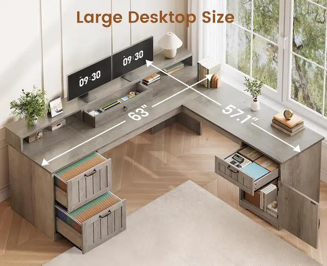 Alt view image 7 of 7 - 63" L Shaped Desk with Drawers, Farmhouse Corner Computer Desk, Wood Office Desk with File Drawers with Storage, Executive Desk with Monitor Stand and Storage Cabinet, Grey