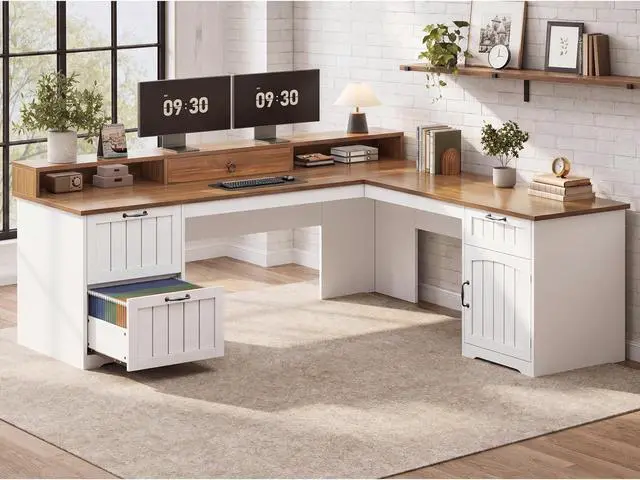 Main image of Farmhouse L Shaped Desk with Drawers, 63" Office Desk with File Drawers, Wood Corner Computer Desk with Storage, Home Office Desk with Monitor Stand and Storage Cabinet, Walnut and White
