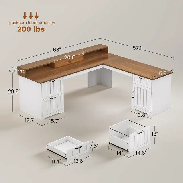 Alt view image 2 of 7 - Farmhouse L Shaped Desk with Drawers, 63" Office Desk with File Drawers, Wood Corner Computer Desk with Storage, Home Office Desk with Monitor Stand and Storage Cabinet, Walnut and White
