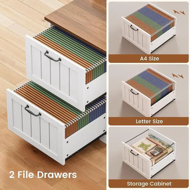 Alt view image 3 of 7 - Farmhouse L Shaped Desk with Drawers, 63" Office Desk with File Drawers, Wood Corner Computer Desk with Storage, Home Office Desk with Monitor Stand and Storage Cabinet, Walnut and White