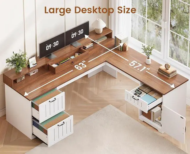 Alt view image 5 of 7 - Farmhouse L Shaped Desk with Drawers, 63" Office Desk with File Drawers, Wood Corner Computer Desk with Storage, Home Office Desk with Monitor Stand and Storage Cabinet, Walnut and White