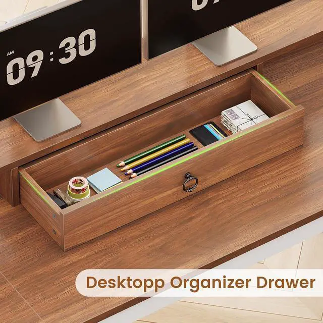 Alt view image 6 of 7 - Farmhouse L Shaped Desk with Drawers, 63" Office Desk with File Drawers, Wood Corner Computer Desk with Storage, Home Office Desk with Monitor Stand and Storage Cabinet, Walnut and White