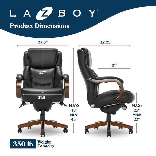 Alt view image 3 of 7 - Delano Big and Tall Executive Office Chair - Ergonomic Lumbar Support Memory Foam - Bonded Leather Desk Chair for Home Office - Mahogany Wood Arms - Black