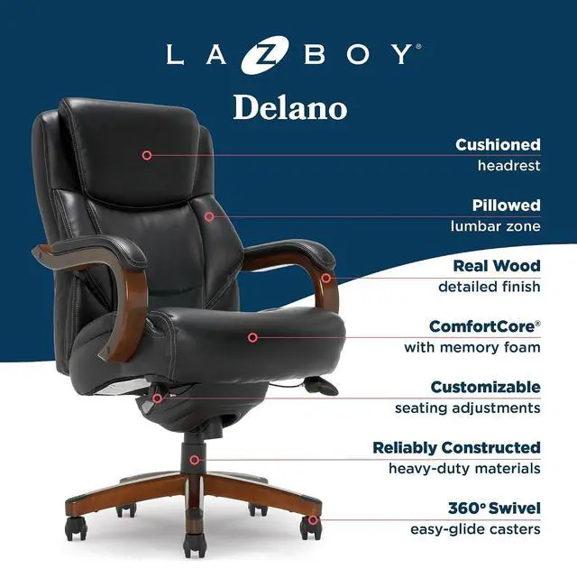 Alt view image 4 of 7 - Delano Big and Tall Executive Office Chair - Ergonomic Lumbar Support Memory Foam - Bonded Leather Desk Chair for Home Office - Mahogany Wood Arms - Black