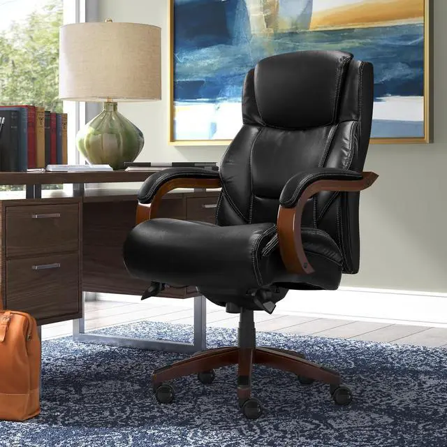 Alt view image 2 of 7 - Delano Big and Tall Executive Office Chair - Ergonomic Lumbar Support Memory Foam - Bonded Leather Desk Chair for Home Office - Mahogany Wood Arms - Black