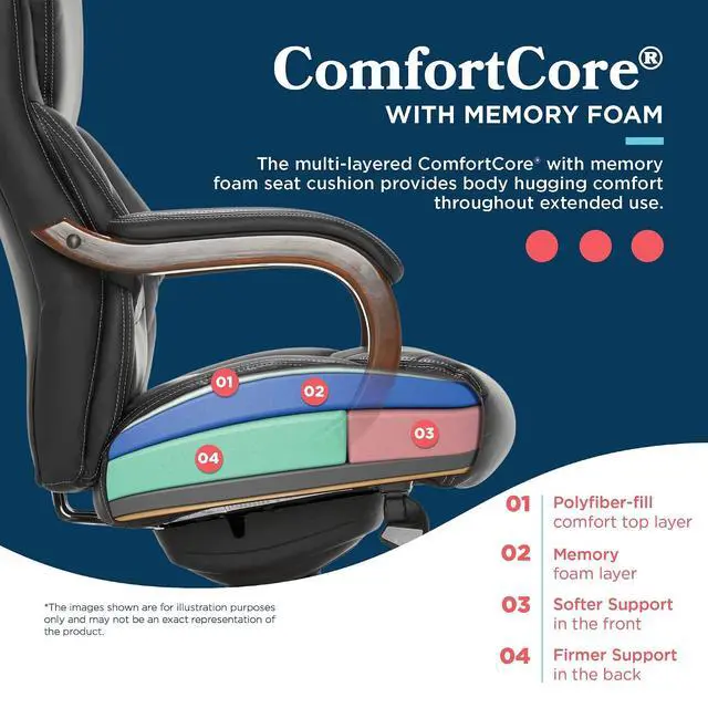 Alt view image 5 of 7 - Delano Big and Tall Executive Office Chair - Ergonomic Lumbar Support Memory Foam - Bonded Leather Desk Chair for Home Office - Mahogany Wood Arms - Black