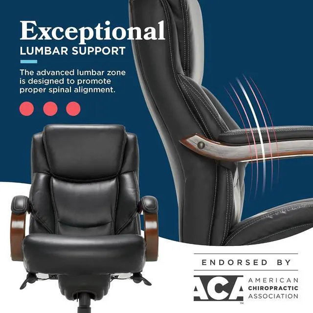 Alt view image 6 of 7 - Delano Big and Tall Executive Office Chair - Ergonomic Lumbar Support Memory Foam - Bonded Leather Desk Chair for Home Office - Mahogany Wood Arms - Black
