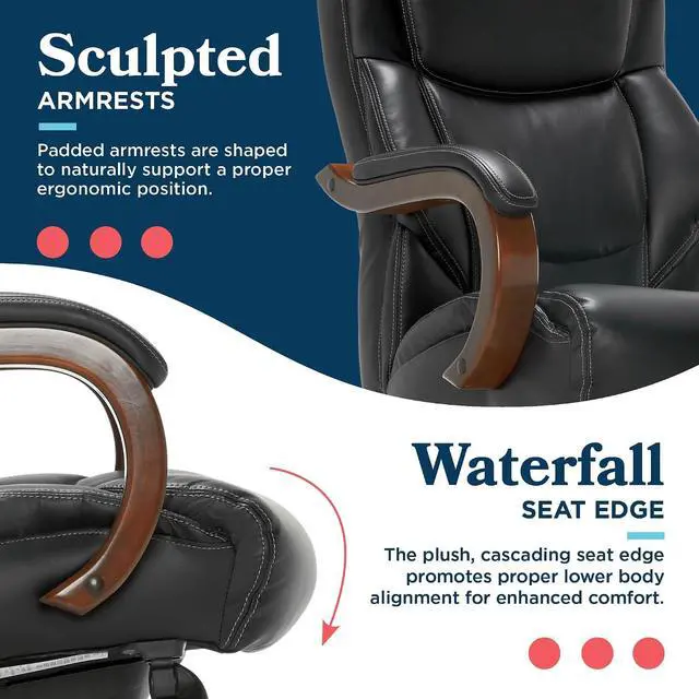 Alt view image 7 of 7 - Delano Big and Tall Executive Office Chair - Ergonomic Lumbar Support Memory Foam - Bonded Leather Desk Chair for Home Office - Mahogany Wood Arms - Black