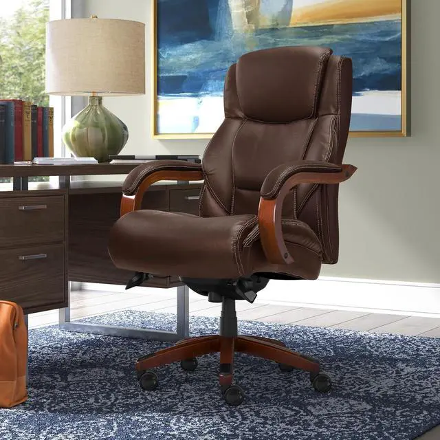 Alt view image 2 of 7 - Delano Big and Tall Executive Office Chair - Ergonomic Lumbar Support Memory Foam - Bonded Leather Desk Chair for Home Office - Mahogany Wood Arms - Chestnut Brown
