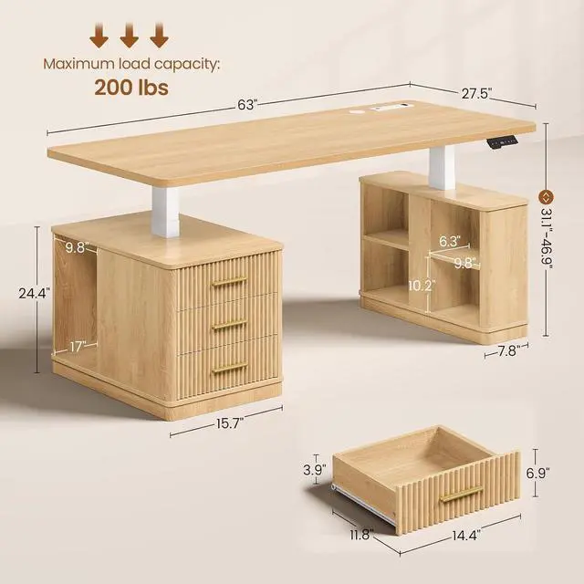 Alt view image 2 of 7 - Modern Fluted Electric Standing Desk, 63" Height Adjustable Computer Desk with 3 Drawers, Storage Shelves, Power Outlets, Wood Home Office Stand up Desk for Work, Study, Writing, Oak